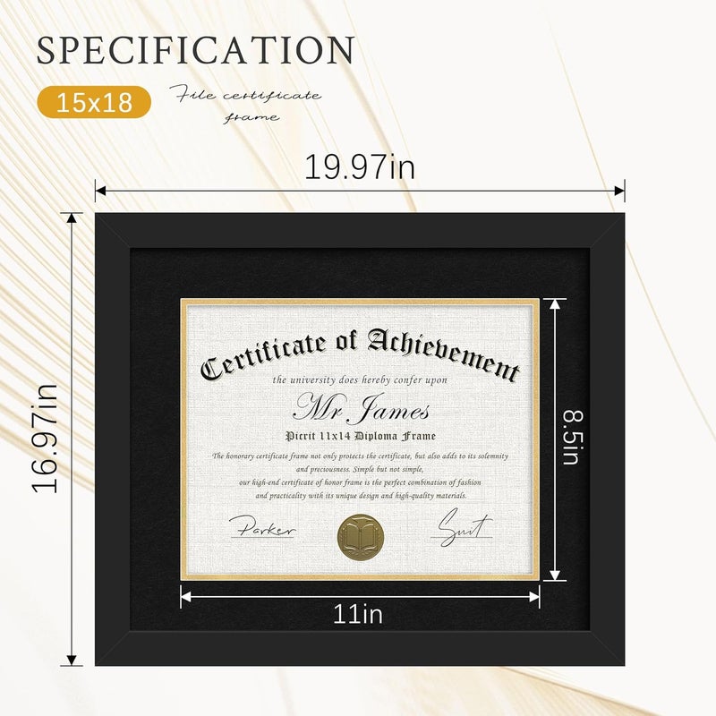 Picrit 11x14 Black Wood Diploma/Document Frame with Tempered Glass & Black over Gold Mat, and Display 15x18 Degree Certificate Frame without Mat for Wall, 1 pack - Image 3